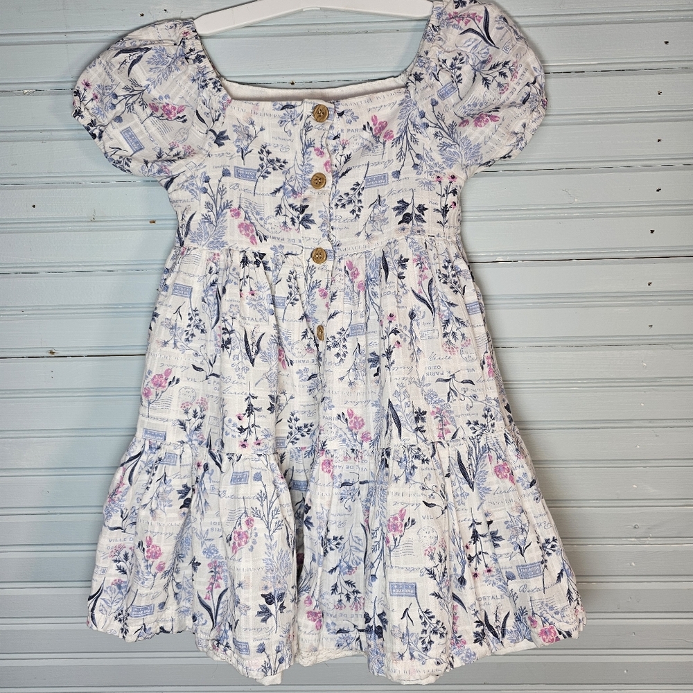 Joie White Pink Blue Puff Sleeve Girls' Paris Garden Floral Dress Size 3T